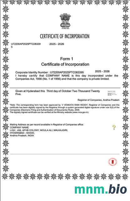 India vcertyfikat of inkorporacja Word i szablon PDF, version 2
